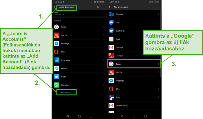 Hozzon l&eacute;tre egy &uacute;j Google-fi&oacute;kot androidos eszk&ouml;z&eacute;n a "Fi&oacute;k hozz&aacute;ad&aacute;sa" &eacute;s a "Google" gombra kattintva.
