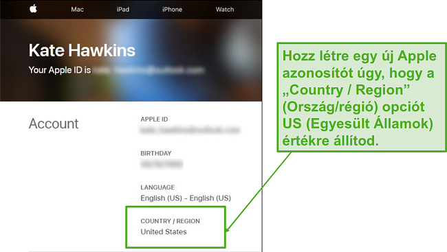 Hozzon l&eacute;tre egy &uacute;j Apple ID-t, &eacute;s m&oacute;dos&iacute;tsa az orsz&aacute;got az Egyes&uuml;lt &Aacute;llamokra.