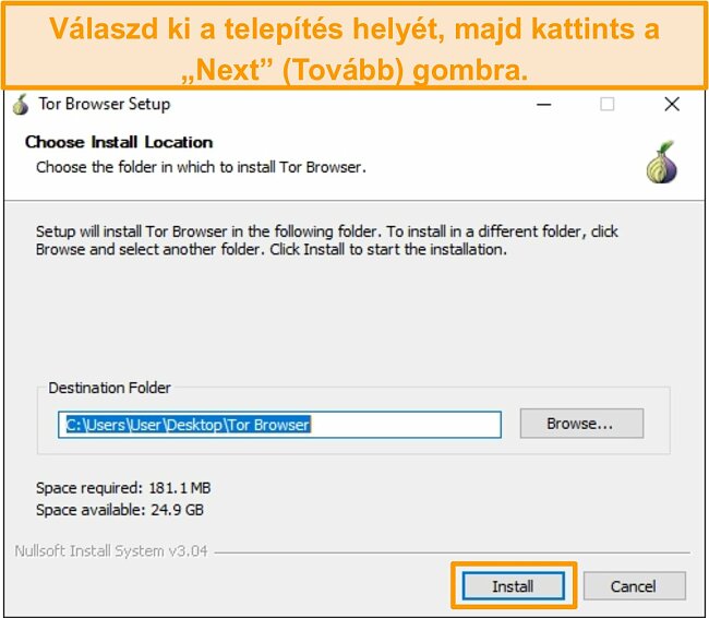A Tor böngésző telepítésének képernyőképe a Windows 10 rendszeren