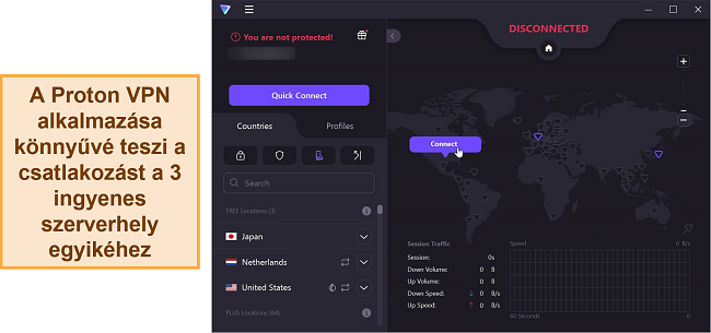 Képernyőkép a Proton VPN szerver áttekintéséről, amely bemutatja a 3 ingyenes szerverlehetőséget.