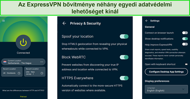 Képernyőkép az ExpressVPN Chrome-bővítményéről és biztonsági beállításairól.