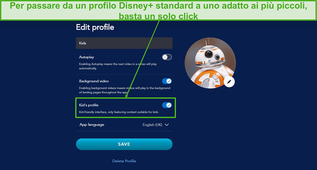 Cambia un profilo regolare su Disney in un profilo adatto ai bambini con un clic.