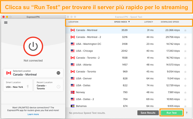 Il test di velocità di ExpressVPN ti aiuta a scegliere il server più veloce.