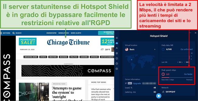 Screenshot della versione disponibile di Hotspot Shield che sblocca il contenuto.