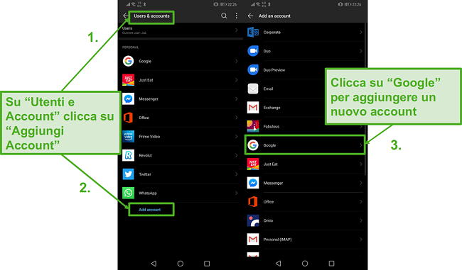 Crea un nuovo account Google sul tuo dispositivo Android facendo clic su "Aggiungi account" e "Google".
