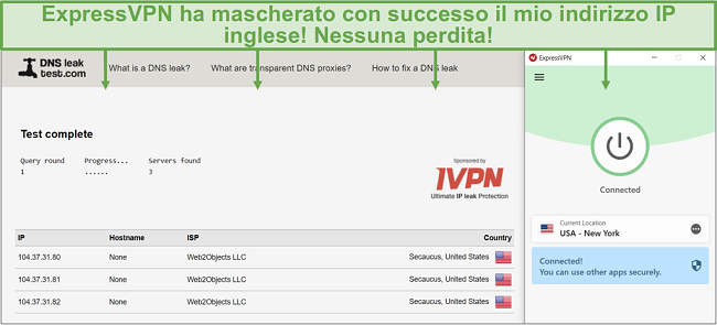 Screenshot del test delle perdite DNS mentre si è connessi a un server ExpressVPN.
