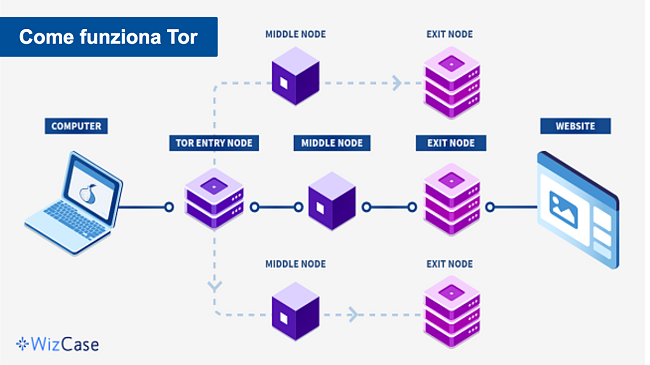 Un diagramma che descrive in dettaglio il percorso dei dati in una configurazione Tor su VPN