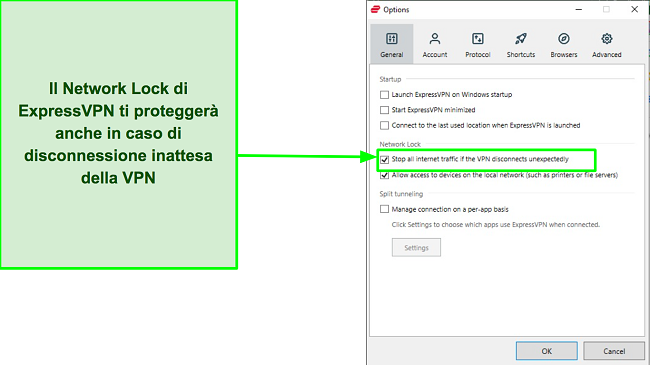 Screenshot della funzione Blocco rete di ExpressVPN