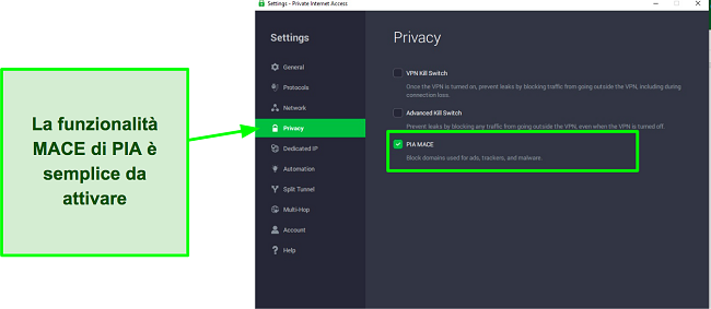 Screenshot di come attivare la funzione Mace di PIA