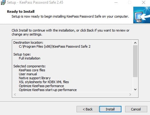 Screenshot of step 6 on How to Install KeePass showing KeePass's Ready to Install window with prompting button to Install the software