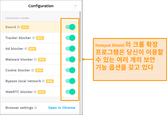 HotSpot Shield의 Chrome 확장 보안 기능의 스크린 샷입니다.