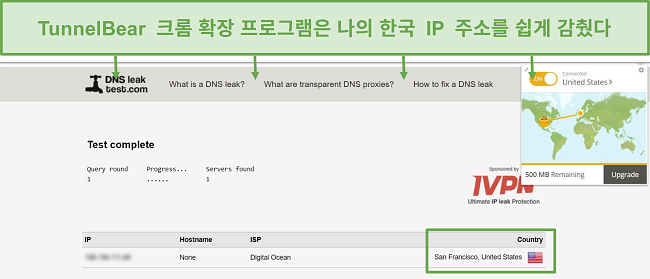 TunnelBear에 연결했을 때 DNS 누출 테스트 결과의 스크린 샷.