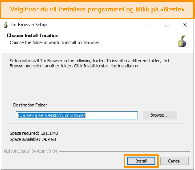 Skjermbilde av Tor nettleserinstallasjon på Windows 10