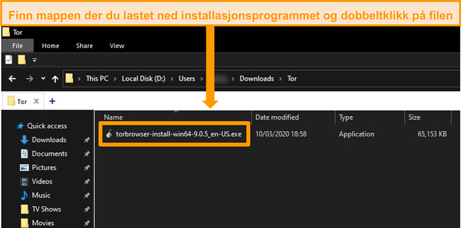 Skjermbilde av Tor installasjonsprogram i nedlastingsmappe på Windows 10