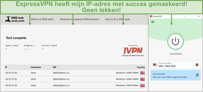 Schermafbeelding van dns-lektest terwijl deze is verbonden met een ExpressVPN-server.