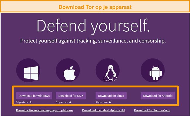 Schermafbeelding van het overzicht van de downloadpagina van het Tor-project