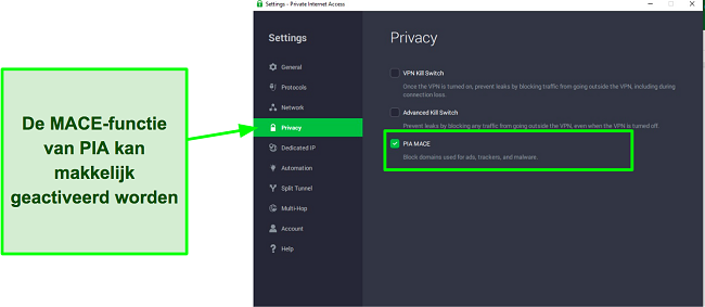 Screenshot van hoe je PIA's Mace-functie inschakelt