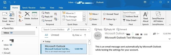 captura de pantalla del panel de trabajo de MS Outlook