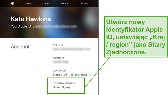 Utwórz nowy identyfikator Apple ID i zmień kraj na STAN ZJEDNOCZONY.