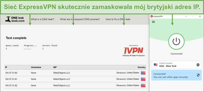 Zrzut ekranu przedstawiający test szczelności DNS po podłączeniu do serwera ExpressVPN.