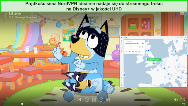 Przesyłanie strumieniowe Bluey na Disney+ z NordVPN podłączonym do serwera w Wielkiej Brytanii