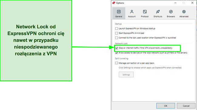 Zrzut ekranu funkcji blokady sieci ExpressVPN