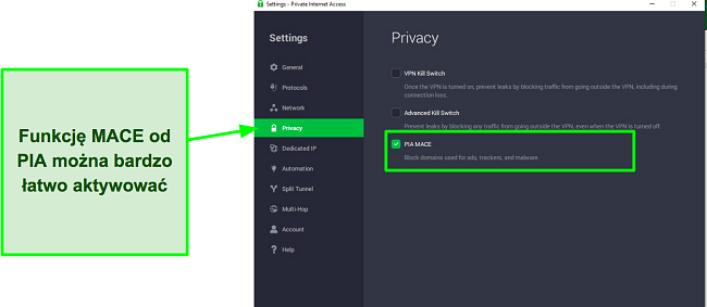 Zrzut ekranu pokazujący, jak włączyć funkcję Mace PIA