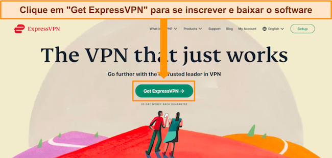 Captura de tela da página inicial do site ExpressVPN com o botão “Obter ExpressVPN” destacado.