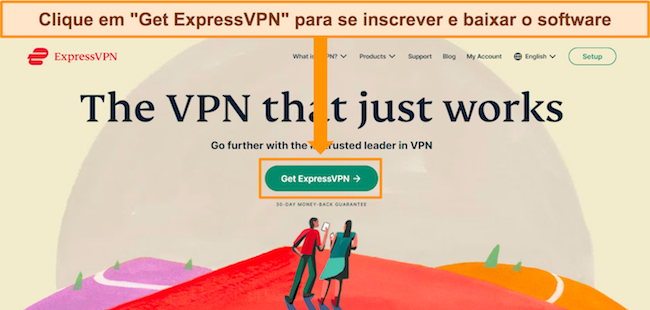 Captura de tela da p&aacute;gina inicial do site ExpressVPN com o bot&atilde;o &ldquo;Obter ExpressVPN&rdquo; destacado.