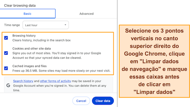Captura de tela das configurações de ‘limpar dados de navegação’ no Google Chrome