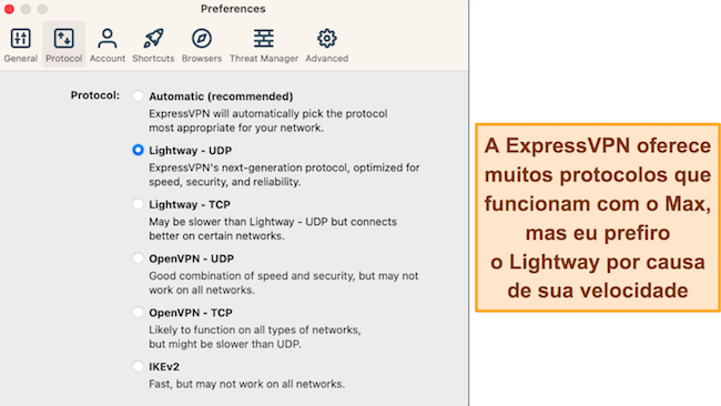 Captura de tela das opções de protocolo disponíveis no aplicativo macOS da ExpressVPN