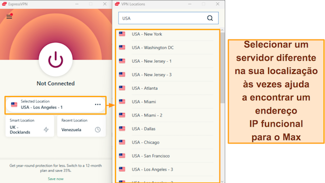 Captura de tela das opções de servidor ExpressVPN nos EUA