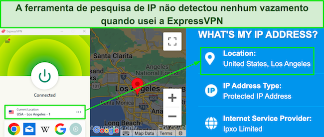 Captura de tela da ferramenta de pesquisa de IP mostrando nenhum vazamento quando a ExpressVPN está conectada a um servidor em Los Angeles