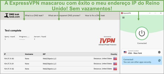Screenshot do teste de fuga de DNS enquanto está ligado a um servidor ExpressVPN.