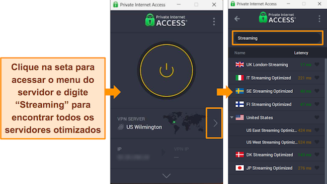 Captura de tela dos servidores de streaming da PIA