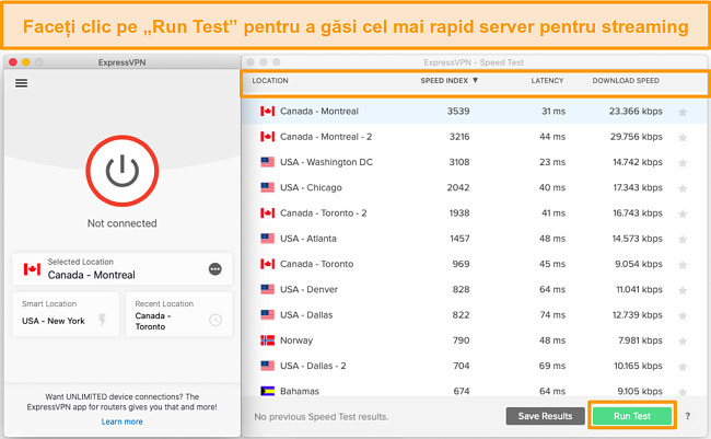 Testul de viteză expressVPN vă ajută să alegeți cel mai rapid server.