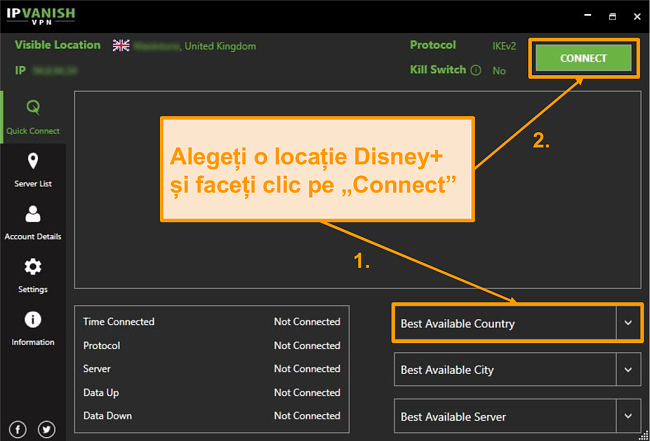 Pur și simplu alegeți o țară Disney+ și faceți clic pe conectați-vă cu IPVanish.