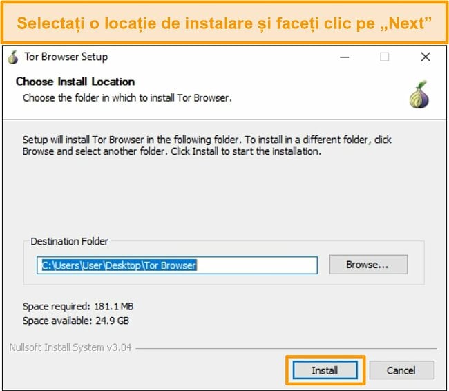 Captura de ecran a instalării browser-ului Tor pe Windows 10