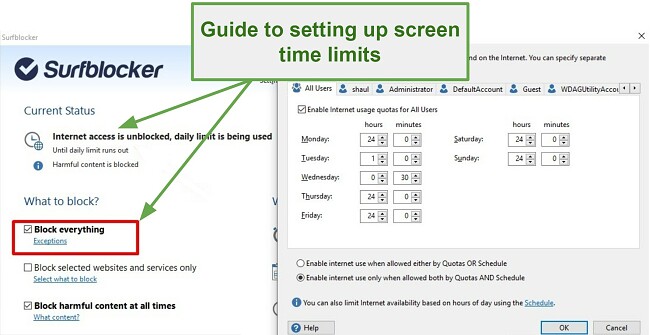 Surfblocker setting up screentime limits