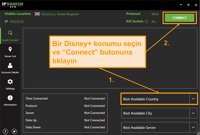 Bir Disney+ ülkesi seçmeniz ve IPVanish ile bağlantı ya da bağlantı ya da bağlantı ya tıklayın.