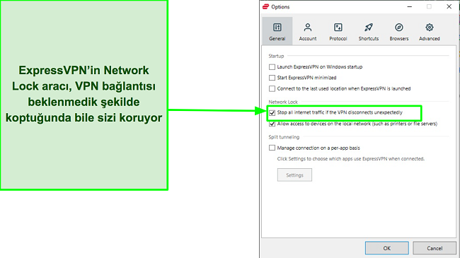 ExpressVPN'in Ağ Kilidi özelliğinin ekran görüntüsü