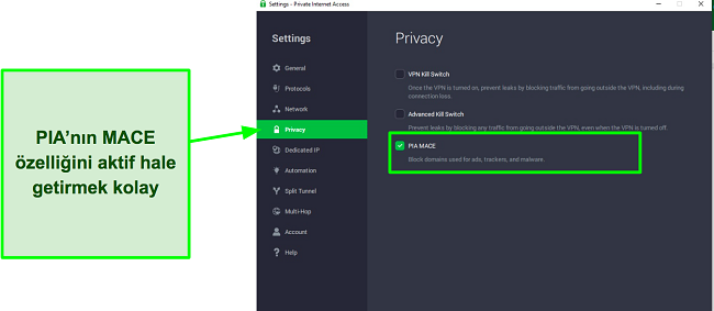 PIA'nın Mace özelliğinin nasıl açılacağını gösteren ekran görüntüsü