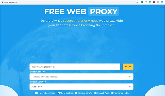 Screenshot della pagina di destinazione di 4everproxy
