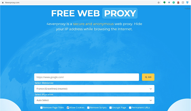 Screenshot der 4everproxy-Landingpage