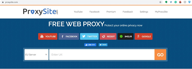 Screenshot della pagina di destinazione di ProxySite