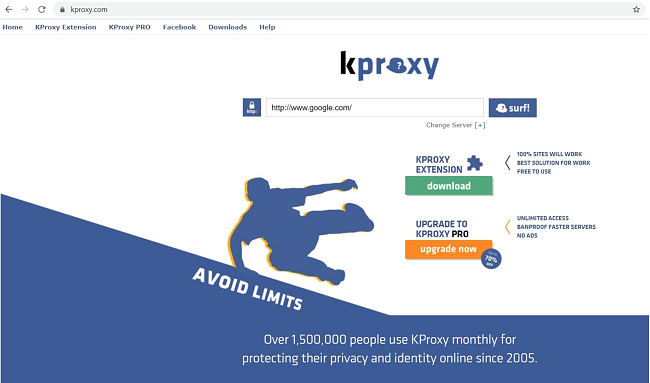 Screenshot della pagina di destinazione di KProxy