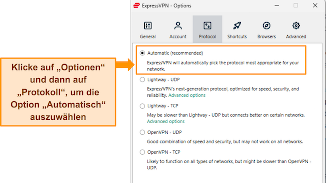 Bild der Windows-App von ExpressVPN, das die Protokolleinstellungen zeigt und die Option „Automatisch“ hervorhebt