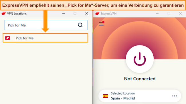 Bild der Windows-App von ExpressVPN mit der Option „Pick for Me“-Server