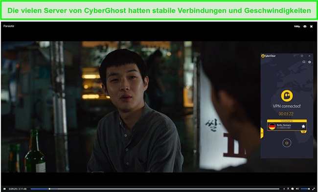 Screenshot von CyberGhost zum Schutz von Popcorn Time beim Streamen von Parasiten