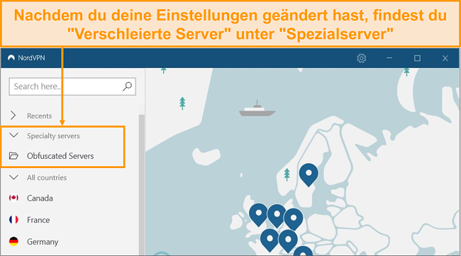 Screenshot mit der verschleierten Serveroption von NordVPN im Menü 